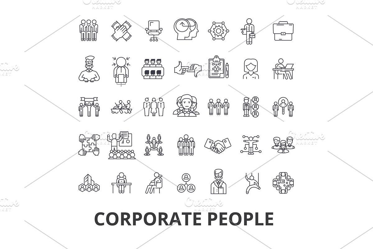 Corporate people, corporate identity, business, train, corporate event, office line icons. Editable strokes. Flat design vector illustration symbol concept. Linear signs isolated in Illustrations - product preview 8
