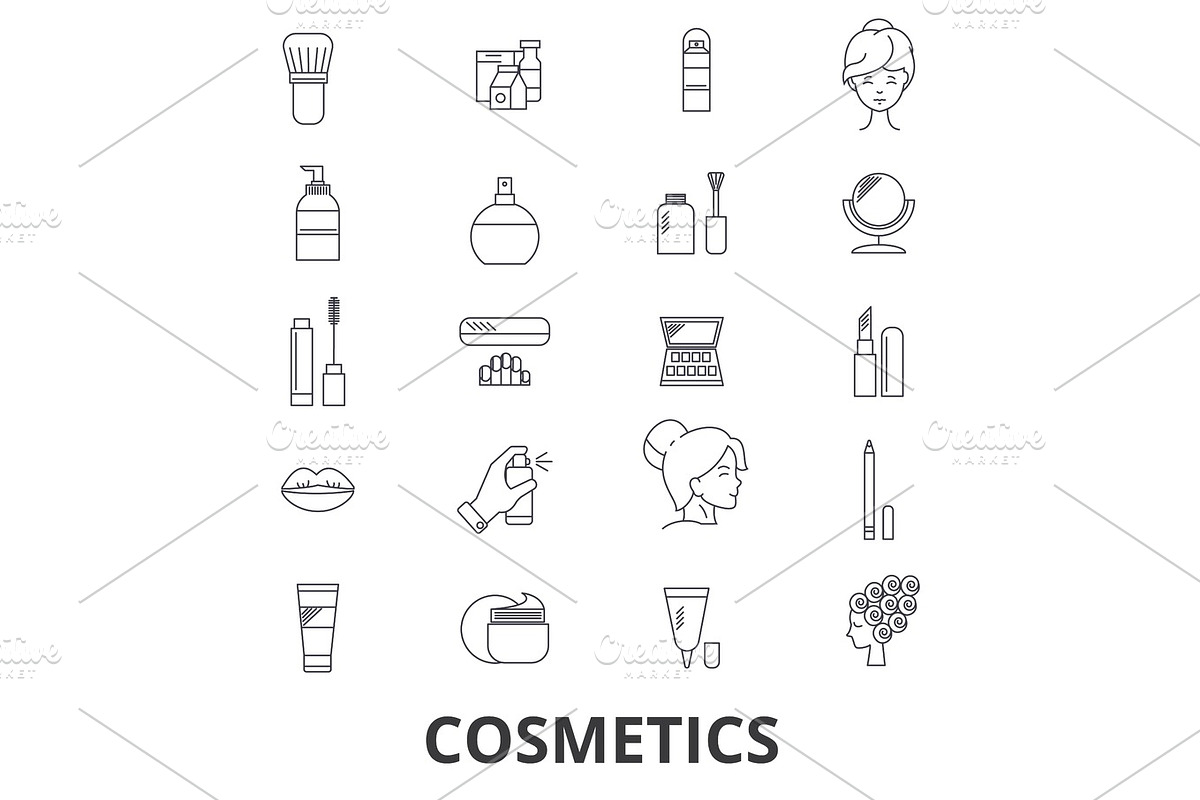 Cosmetics, beauty, makeup, lipstick, perfume, cosmetic bottle, cream, product line icons. Editable strokes. Flat design vector illustration symbol concept. Linear signs isolated in Illustrations - product preview 8