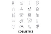 Cosmetics, beauty, makeup, lipstick, perfume, cosmetic bottle, cream, product line icons. Editable strokes. Flat design vector illustration symbol concept. Linear signs isolated