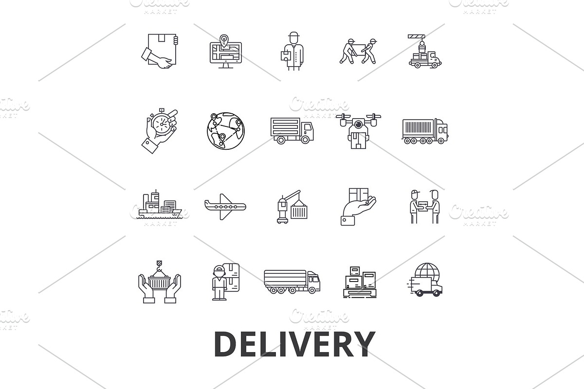 Delivery, food, free delivery, courier, truck, pizza delivery, transportation line icons. Editable strokes. Flat design vector illustration symbol concept. Linear signs isolated in Illustrations - product preview 8