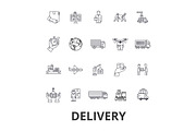 Delivery, food, free delivery, courier, truck, pizza delivery, transportation line icons. Editable strokes. Flat design vector illustration symbol concept. Linear signs isolated