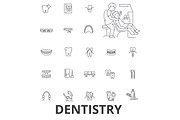 Dentistry, dentist, dental, dental care, dentist office, teeth, smile, implant line icons. Editable strokes. Flat design vector illustration symbol concept. Linear signs isolated