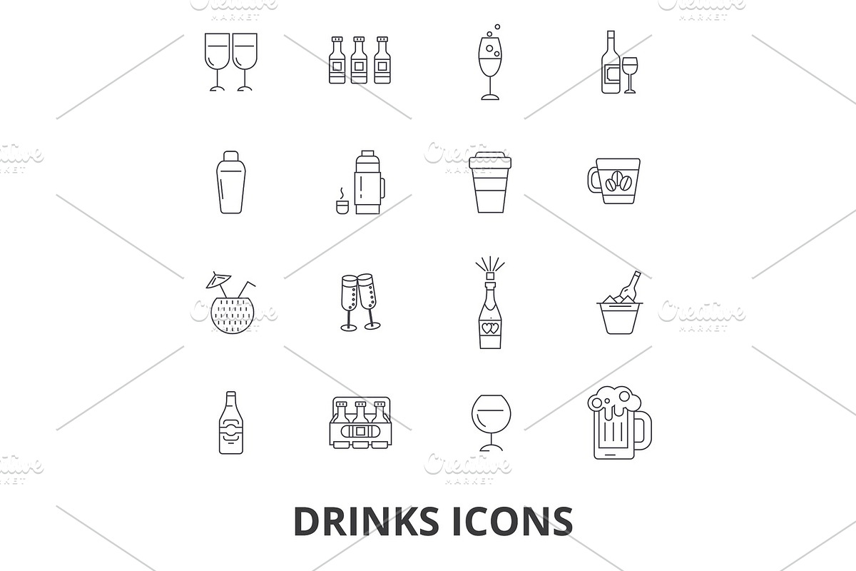 Drinks, cocktail, beer, alcoholic drinks, water, wine, alcohol, bar, coffee line icons. Editable strokes. Flat design vector illustration symbol concept. Linear signs isolated in Illustrations - product preview 8