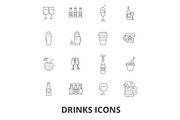 Drinks, cocktail, beer, alcoholic drinks, water, wine, alcohol, bar, coffee line icons. Editable strokes. Flat design vector illustration symbol concept. Linear signs isolated