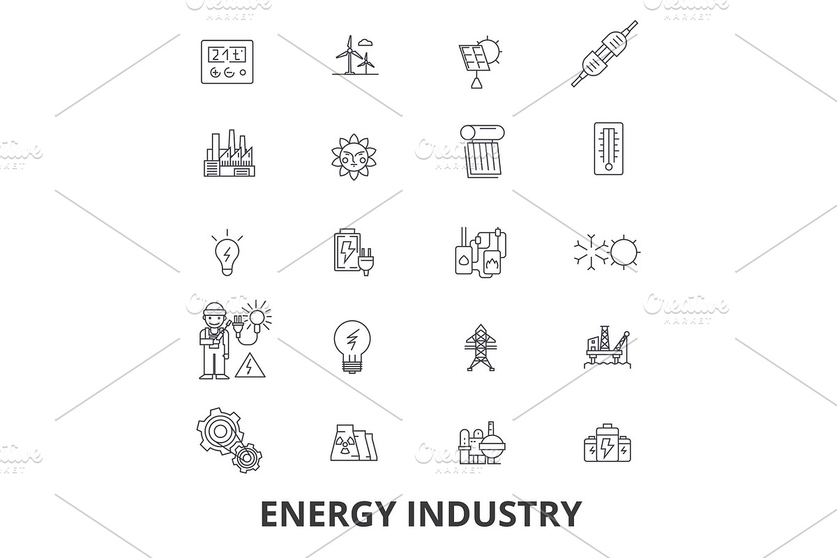 Energy industry, oil and gas, efficiency, saving, green energy, hydroelectric line icons. Editable strokes. Flat design vector illustration symbol concept. Linear signs isolated in Illustrations - product preview 8