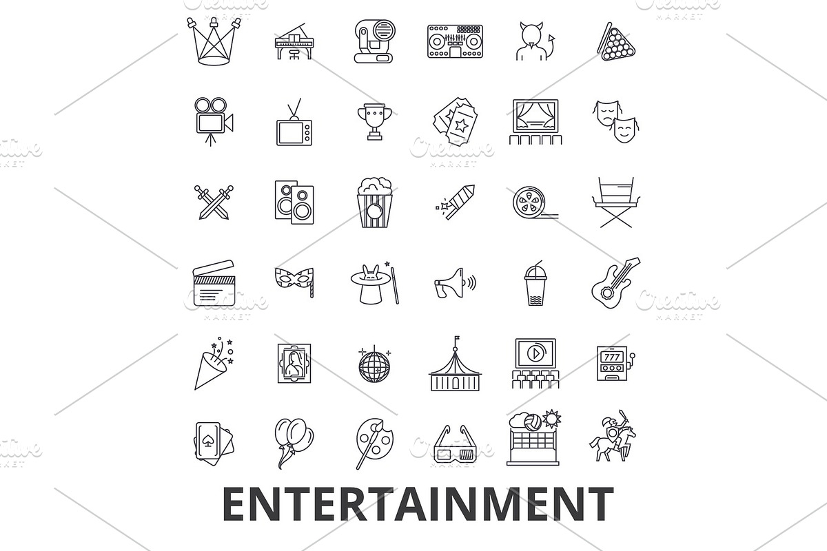 Entertainment, musician, movie, party, media, shopping, sports, fun, theatre line icons. Editable strokes. Flat design vector illustration symbol concept. Linear signs isolated in Illustrations - product preview 8