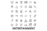 Entertainment, musician, movie, party, media, shopping, sports, fun, theatre line icons. Editable strokes. Flat design vector illustration symbol concept. Linear signs isolated
