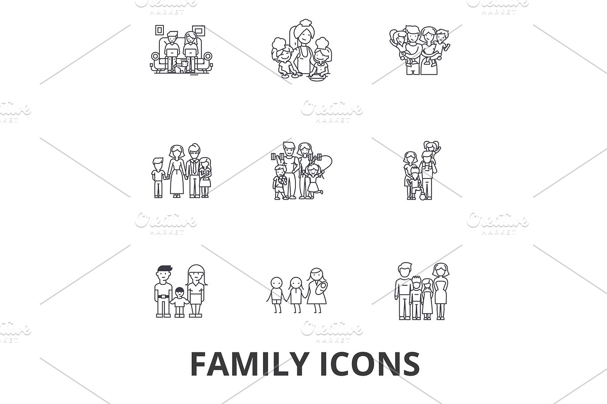 Family, happieness, home, fun, couple, family tree, family portrait, vacation line icons. Editable strokes. Flat design vector illustration symbol concept. Linear signs isolated in Illustrations - product preview 8