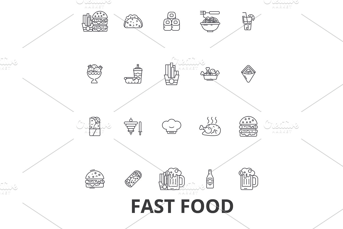Fast food, restaurant, pizza, hamburger, burger, junk, hot dog, french fries line icons. Editable strokes. Flat design vector illustration symbol concept. Linear signs isolated in Illustrations - product preview 8