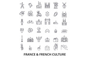 France, eiffel tower, french, france flag, Europe, Paris, parisian, triumphal line icons. Editable strokes. Flat design vector illustration symbol concept. Linear signs isolated