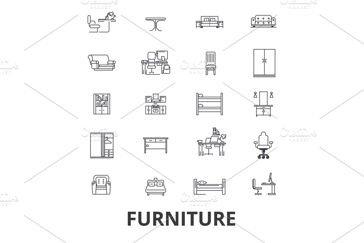 Furniture, furniture design, interior, chair, office furniture, living room line icons. Editable strokes. Flat design vector illustration symbol concept. Linear signs isolated in Illustrations - product preview 8