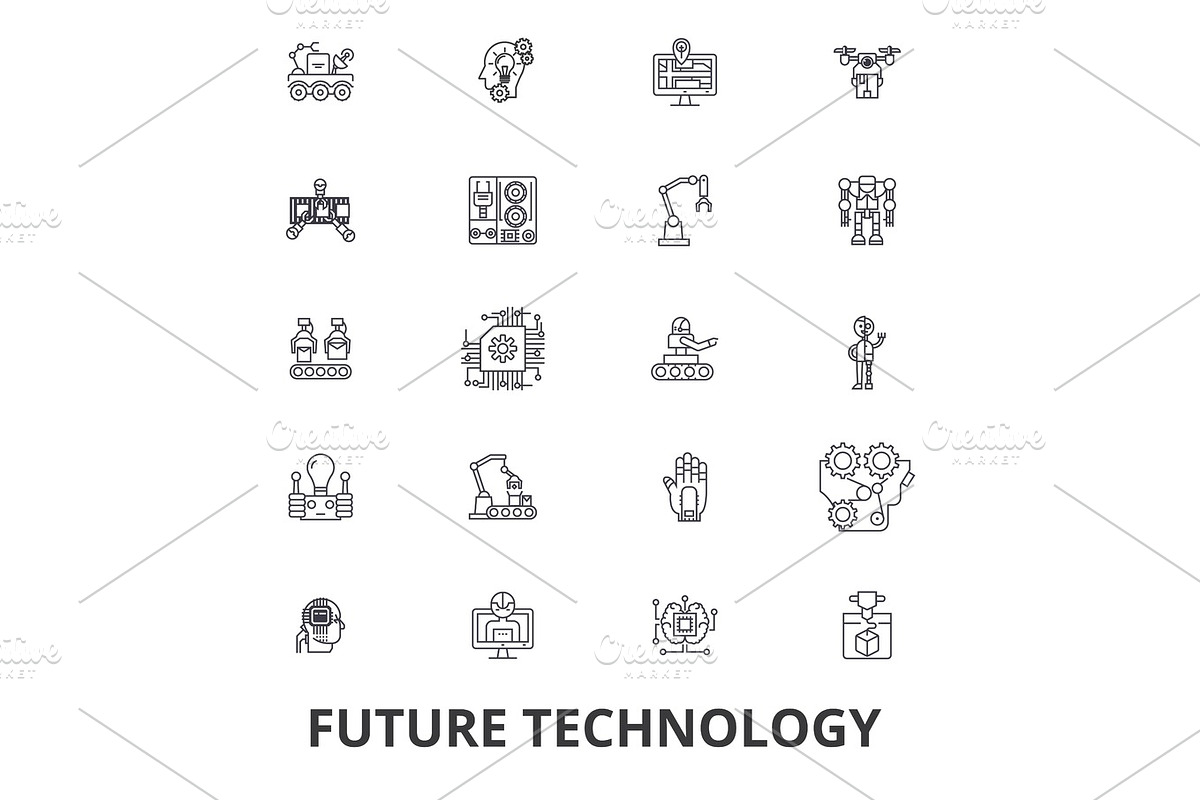 Future technology, future vision, futuristic, business, robot, cyborg, control line icons. Editable strokes. Flat design vector illustration symbol concept. Linear signs isolated in Illustrations - product preview 8