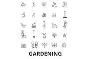 Gardening, flower, garden tools, vegetable, grass, landscape, plant, park, tree line icons. Editable strokes. Flat design vector illustration symbol concept. Linear signs isolated