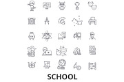School, school building, education, classroom, pupil, school bus, school teacher line icons. Editable strokes. Flat design vector illustration symbol concept. Linear signs isolated