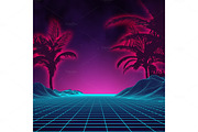 Retro background futuristic landscape 1980s style. Digital retro landscape cyber surface. 80s party background . Retro 80s fashion Sci-Fi Background Summer Landscape.