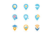 Set of map pointer logo combination. GPS locator and pin symbol or icon. Unique navigation and marker logotype design template.