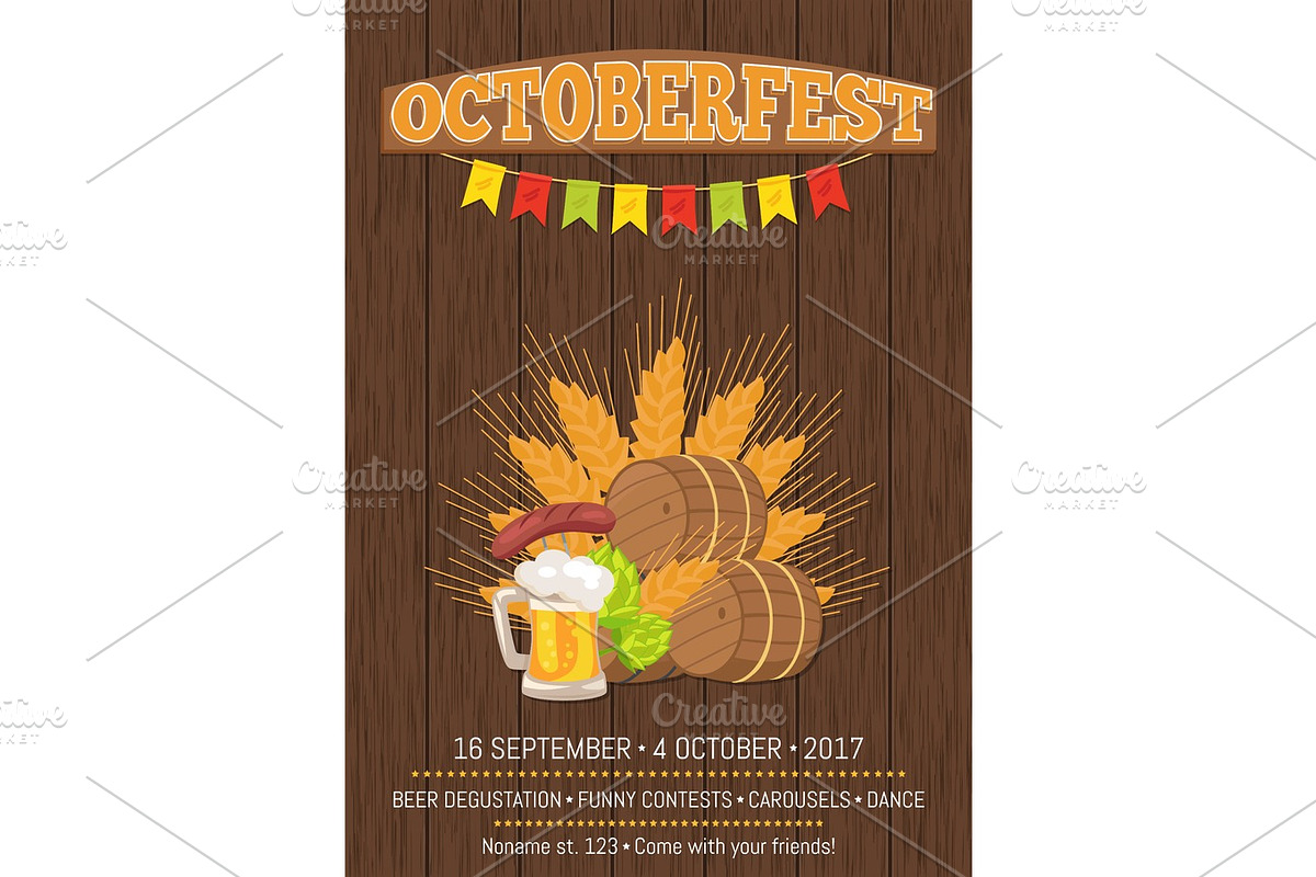 Octoberfest Poster with Barrels, Food and Beer in Illustrations - product preview 8