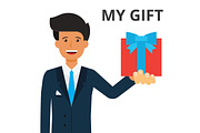 Handsome businessman holding gift box in hand. Present, prize, corporate client. sales, loyality system. Flat style vector illustration isolated on white background.
