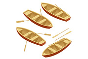 Rowing boat set. Wooden boat with paddles isolated over white. Flat 3d isometric vector illustration.