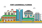 Fort Lauderdale, Florida. City skyline, architecture, buildings, streets, silhouette, landscape, panorama, landmarks, icons. Editable strokes. Flat design line vector illustration concept