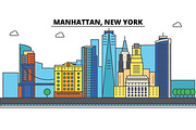 Manhattan, New York. City skyline, architecture, buildings, streets, silhouette, landscape, panorama, landmarks, icons. Editable strokes. Flat design line vector illustration concept