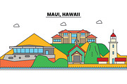 Maui, Hawaii. City skyline, architecture, buildings, streets, silhouette, landscape, panorama, landmarks, icons. Editable strokes. Flat design line vector illustration concept