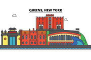 Queens, New York. City skyline, architecture, buildings, streets, silhouette, landscape, panorama, landmarks, icons. Editable strokes. Flat design line vector illustration concept