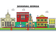 Savannah, Georgia. City skyline, architecture, buildings, streets, silhouette, landscape, panorama, landmarks, icons. Editable strokes. Flat design line vector illustration concept