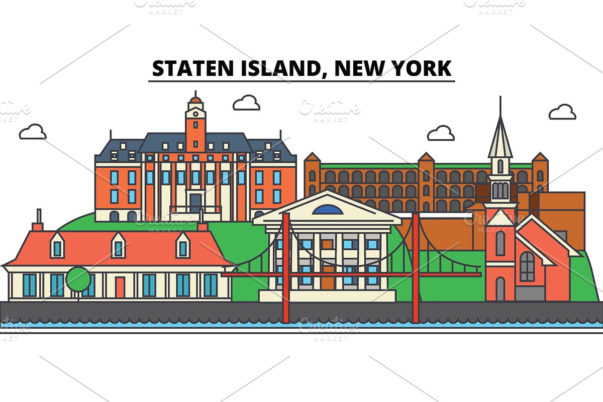 Staten Island, New York. City skyline, architecture, buildings, streets, silhouette, landscape, panorama, landmarks, icons. Editable strokes. Flat design line vector illustration concept in Illustrations - product preview 8