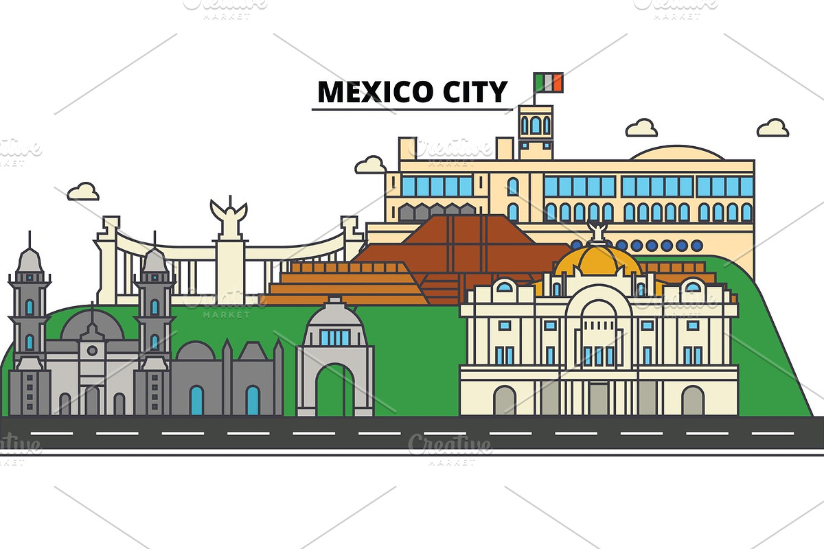 Mexico City. City skyline, architecture, buildings, streets, silhouette, landscape, panorama, landmarks, icons. Editable strokes. Flat design line vector illustration concept in Illustrations - product preview 8