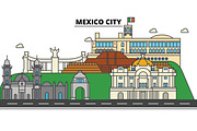 Mexico City. City skyline, architecture, buildings, streets, silhouette, landscape, panorama, landmarks, icons. Editable strokes. Flat design line vector illustration concept
