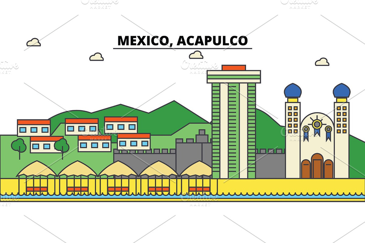 Mexico, Acapulco. City skyline, architecture, buildings, streets, silhouette, landscape, panorama, landmarks, icons. Editable strokes. Flat design line vector illustration concept in Illustrations - product preview 8