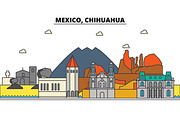 Mexico, Chihuahua. City skyline, architecture, buildings, streets, silhouette, landscape, panorama, landmarks, icons. Editable strokes. Flat design line vector illustration concept