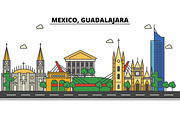 Mexico, Guadalajara. City skyline, architecture, buildings, streets, silhouette, landscape, panorama, landmarks, icons. Editable strokes. Flat design line vector illustration concept