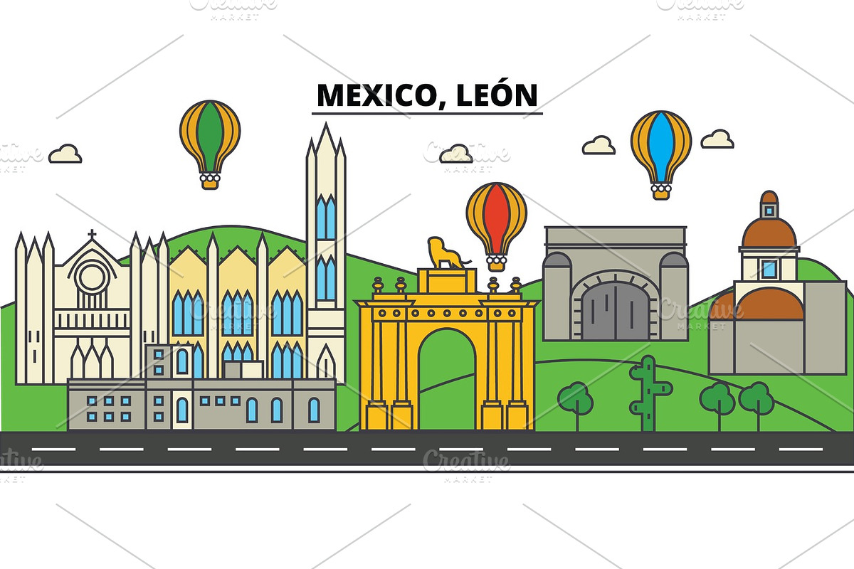 Mexico, Leon. City skyline, architecture, buildings, streets, silhouette, landscape, panorama, landmarks. Editable strokes. Flat design line vector illustration concept. Isolated icons in Illustrations - product preview 8