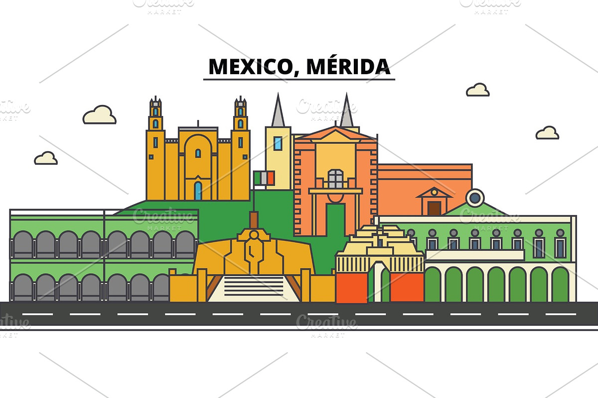 Mexico, Merida. City skyline, architecture, buildings, streets, silhouette, landscape, panorama, landmarks. Editable strokes. Flat design line vector illustration concept. Isolated icons in Illustrations - product preview 8