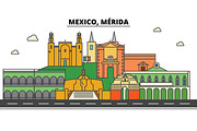 Mexico, Merida. City skyline, architecture, buildings, streets, silhouette, landscape, panorama, landmarks. Editable strokes. Flat design line vector illustration concept. Isolated icons