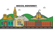 Mexico, Monterrey. City skyline, architecture, buildings, streets, silhouette, landscape, panorama, landmarks, icons. Editable strokes. Flat design line vector illustration concept