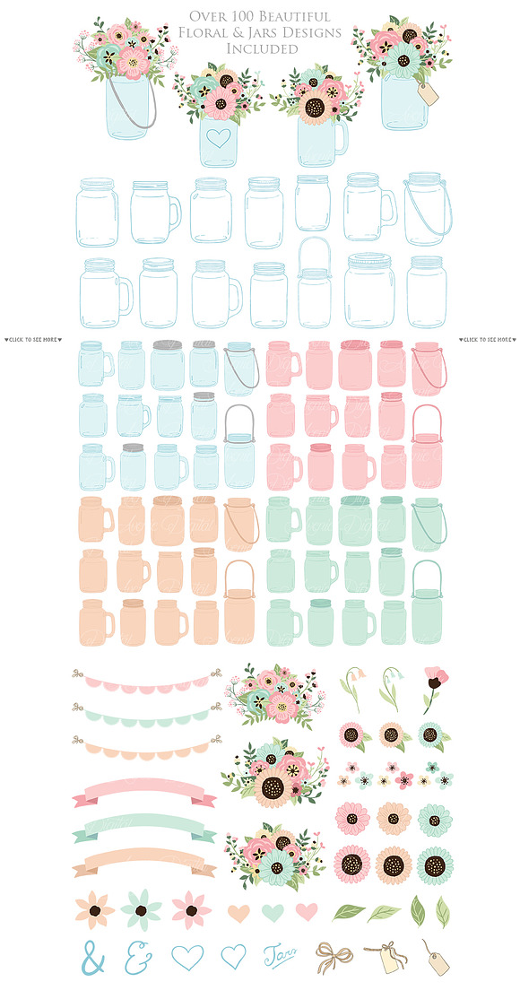 Pink and Mint Floral Mason Jars in Illustrations - product preview 1