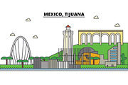 Mexico, Tijuana. City skyline, architecture, buildings, streets, silhouette, landscape, panorama, landmarks, icons. Editable strokes. Flat design line vector illustration concept