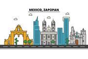 Mexico, Zapopan. City skyline, architecture, buildings, streets, silhouette, landscape, panorama, landmarks, icons. Editable strokes. Flat design line vector illustration concept