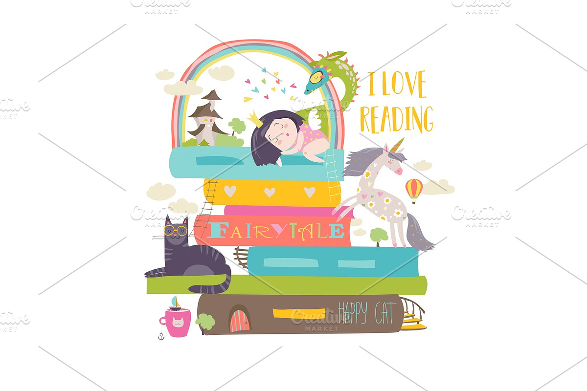 Fairytale concept with book,unicorn,dragon,princess and medieval castle in Illustrations - product preview 8