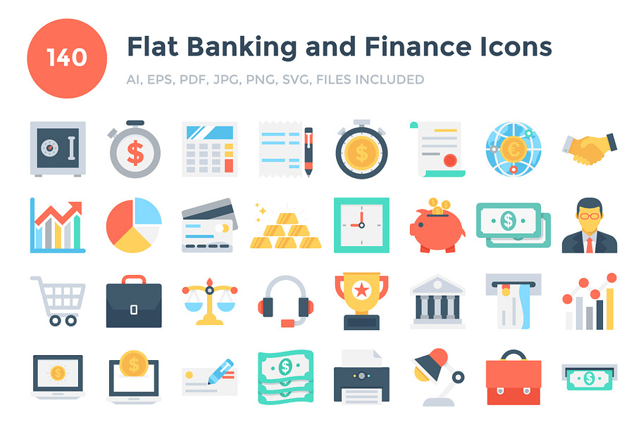 140 Flat Banking and Finance Icons