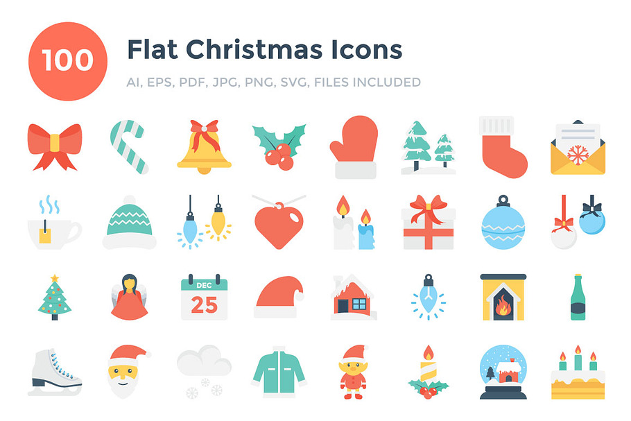 100 Flat Christmas Icons in Graphics - product preview 8