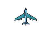 Airplane above view flat line illustration, concept vector isolated icon 