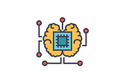 Artificial intelligence, chip with brain flat line illustration, concept vector isolated icon 