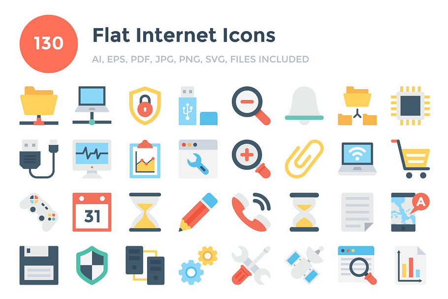 130 Flat Internet Icons