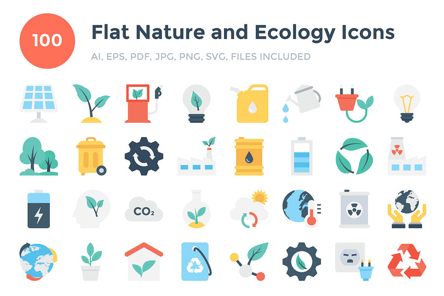 100 Flat Nature and Ecology Icons