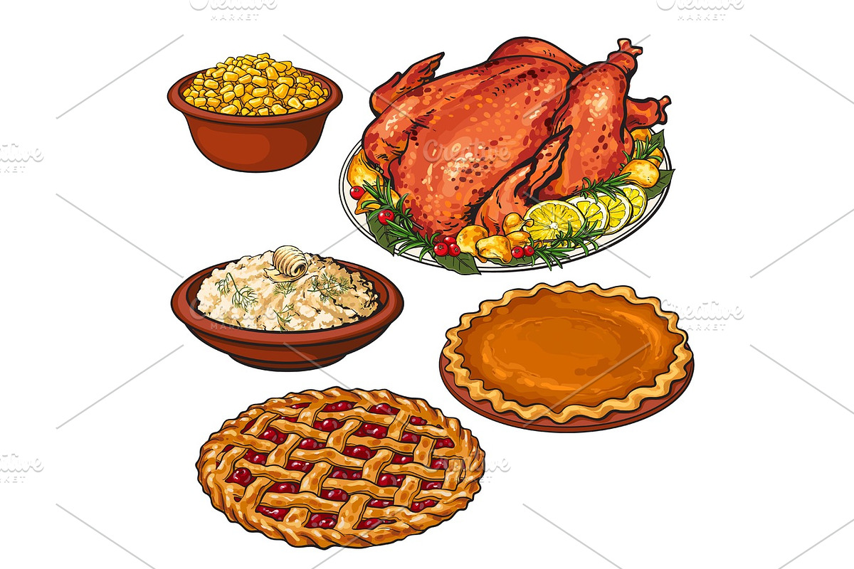 Roasted turkey, mashed potato and bowl of corn in Illustrations - product preview 8