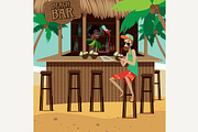Man at beach bar drinks exotic cocktail